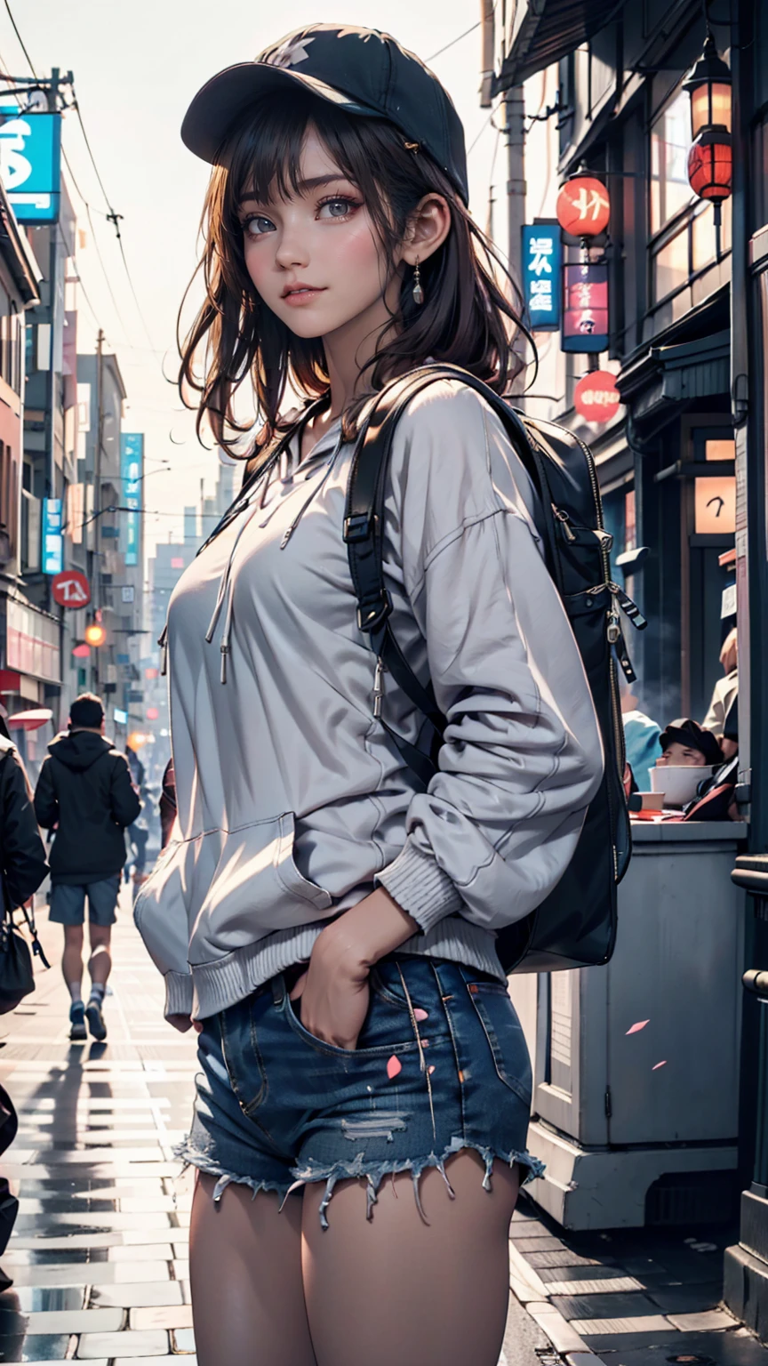 Japanese woman in her 20s、Bright smile、Casual street style with a cityscape as the backdrop。Oversized hoodies、Denim shorts、sneakers、Wearing a cap、backpack on shoulder