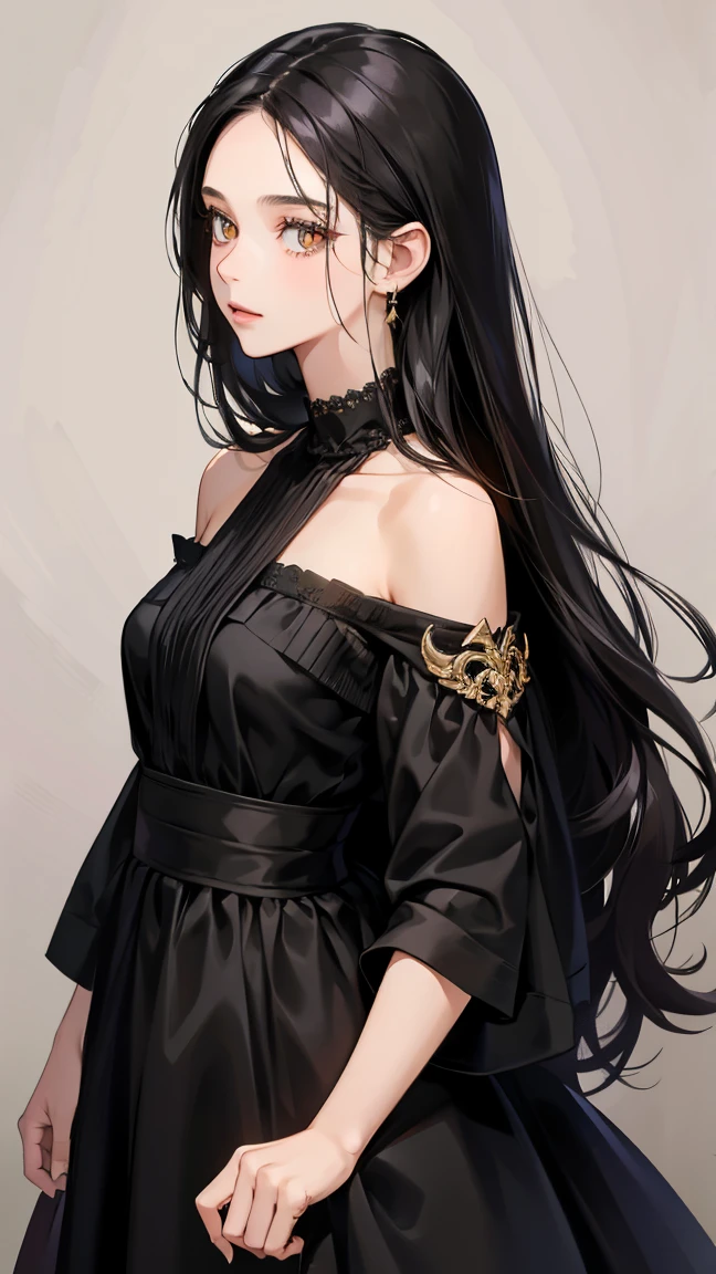 1girl, 30 years old, Noble, black dress, off-the-shoulder, black hair, long hair, Golden eyes, black pantyiose