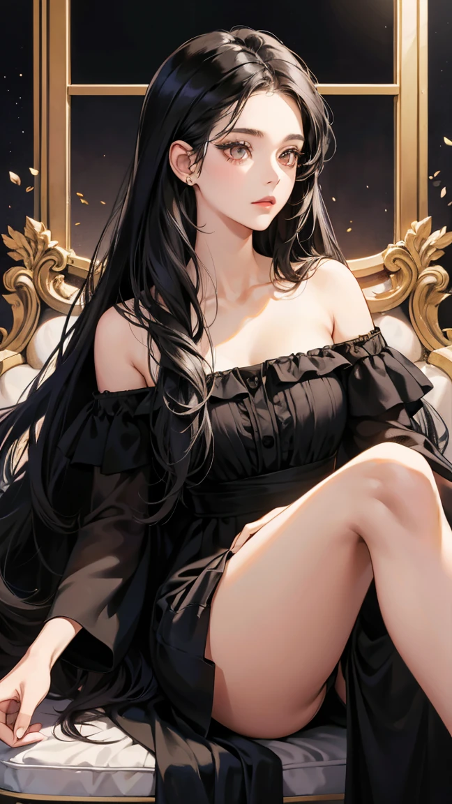 1girl, 30 years old, Noble, black dress, off-the-shoulder, black hair, long hair, Golden eyes, black pantyiose