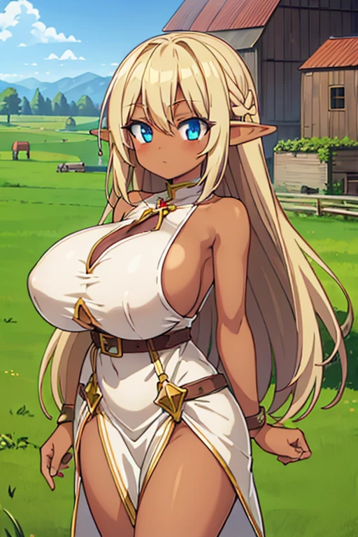 (tanned elf:1.2), (high fantasy slave outfit beige torn dress:1.2), (farm barn:1.2), (high resolution:1.2), (huge tits)