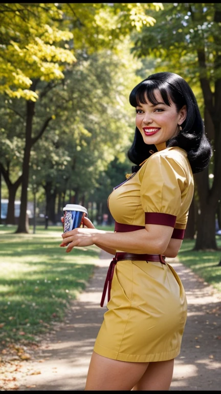 Bettie Page dressed in park clothes and smiling