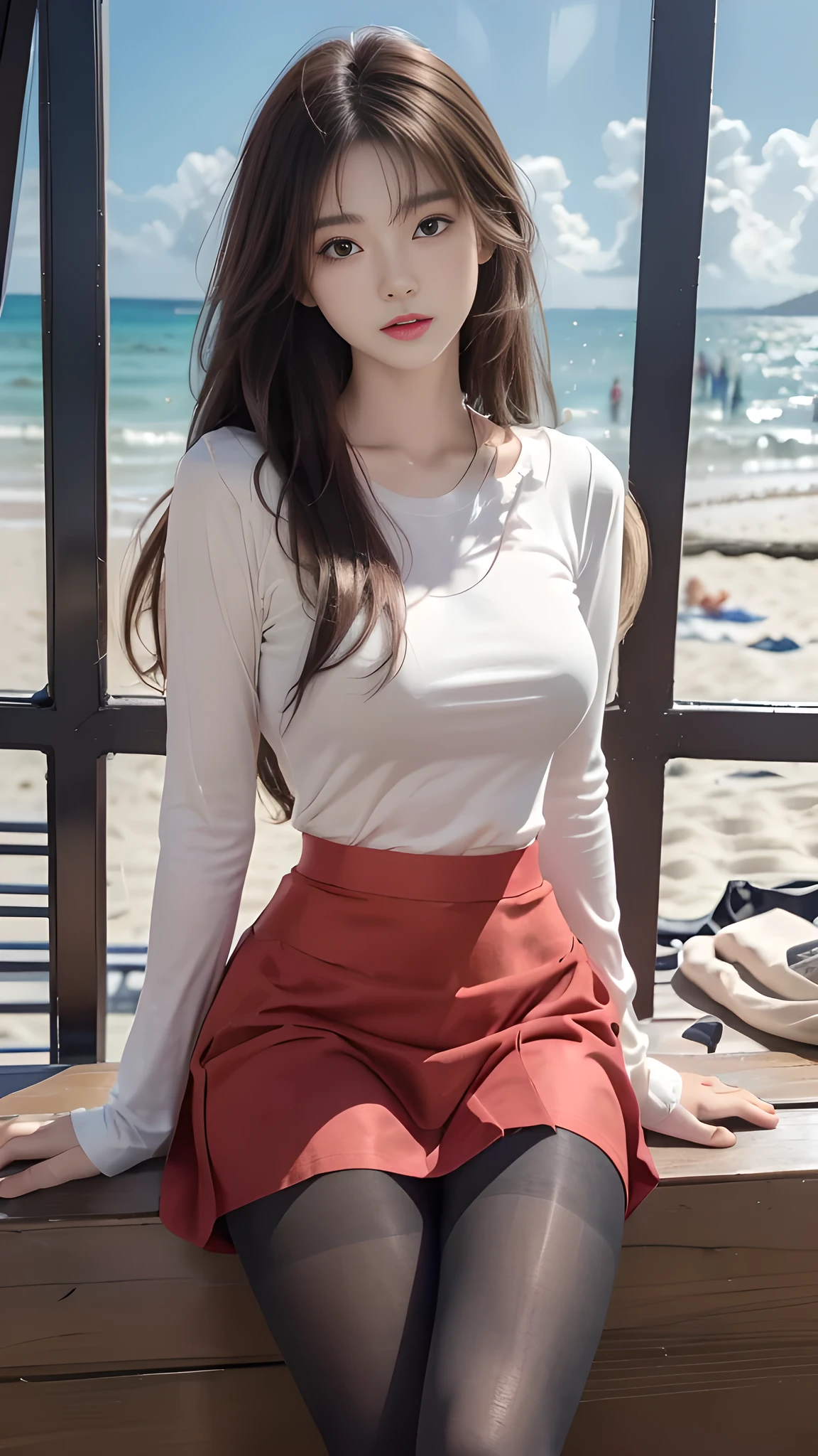 ulzzang-6500-v1.1, (RAW Photos:1.2), (Photorealistic), (Genuine:1.4), 1girl、Perfect Anatomy、20 years old、Looking at the camera、Medium Long Hair、T-shirt, red skirt, (( in the beach :1.1))、(Ultra-realistic pantyhose:1.3), (Business services)、Asian Eyes Ella,