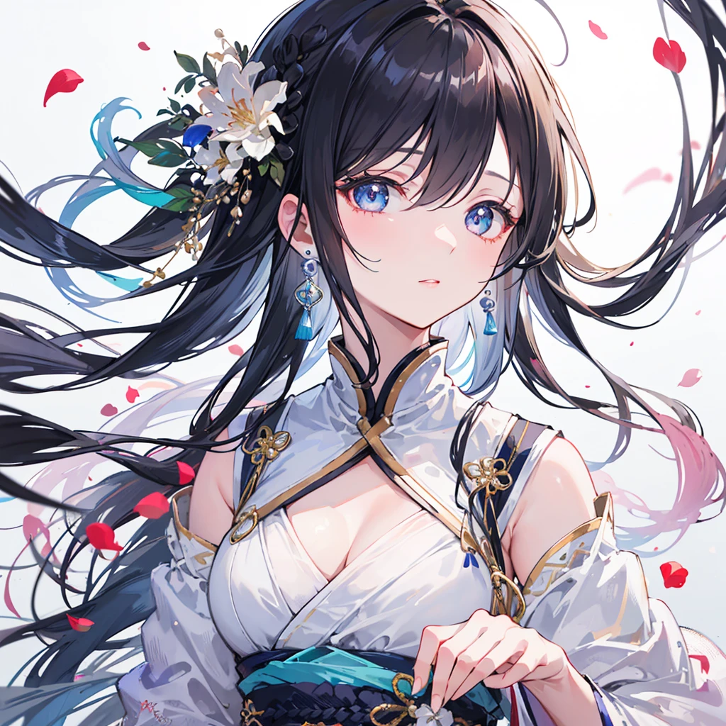 One Girl, Mature Girls , Black Hair, Floating Hair, Sensitive and intelligent eyes, Hanfu with intricate damask patterns, Gorgeous Accessories, Wear pearl earrings, Fob, 1 1 1.8, masterpiece, Complex Scenes, Petals fluttering, Frontal portrait shot, Chang'e 2