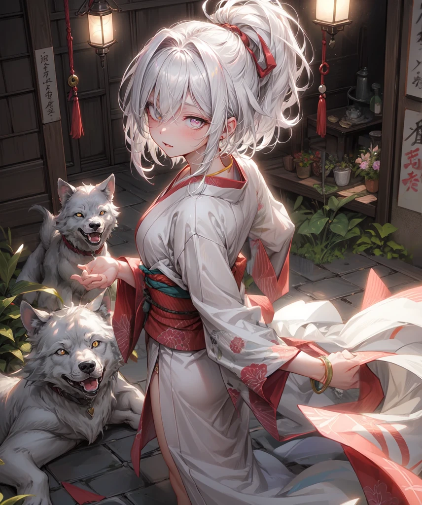 (Highest quality、High resolution、8k、masterpiece)。古き時代を感じるEdo Periodの和室。View of the garden。Look away、Open your mouth、Pink Eyes、Silver Hair、Heart shaped pupil、teeth、tongue、tongueを出す、（Original Character, (1 Girl)、Perfect Face、((short hair:1.2))、(Hair above one eye:1.3)、[[Disheveled Hair]]、Detailed eyes that shine、Light and shadow、 ((High angle shot))、Full body、bracelet、necklace、Disheveled clothes、Follow the Silver Wolf、Edo Period、kimono、turn around。Show your back。Back view。Put your hands behind your back。period drama。