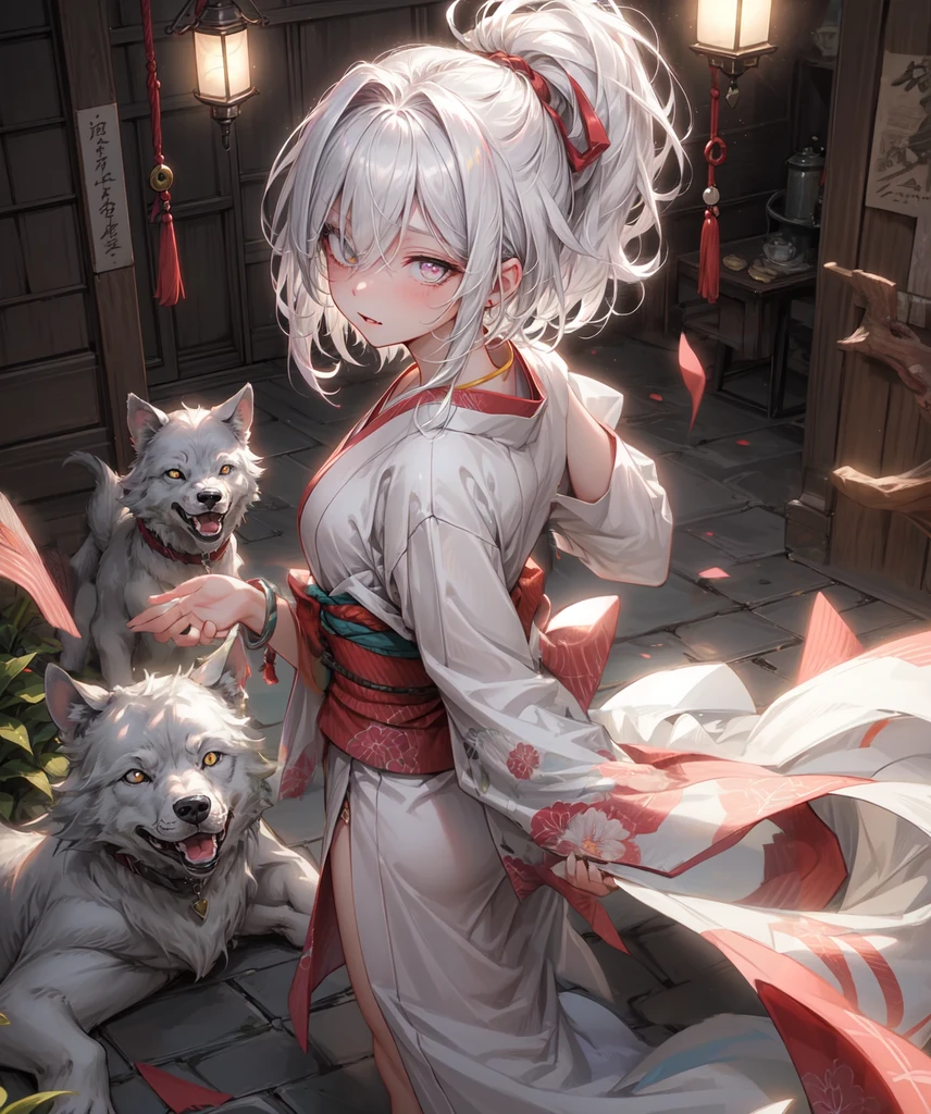 (Highest quality、High resolution、8k、masterpiece)。古き時代を感じるEdo Periodの和室。View of the garden。Look away、Open your mouth、Pink Eyes、Silver Hair、Heart shaped pupil、teeth、tongue、tongueを出す、（Original Character, (1 Girl)、Perfect Face、((short hair:1.2))、(Hair above one eye:1.3)、[[Disheveled Hair]]、Detailed eyes that shine、Light and shadow、 ((High angle shot))、Full body、bracelet、necklace、Disheveled clothes、Follow the Silver Wolf、Edo Period、kimono、turn around。Show your back。Back view。Put your hands behind your back。period drama。