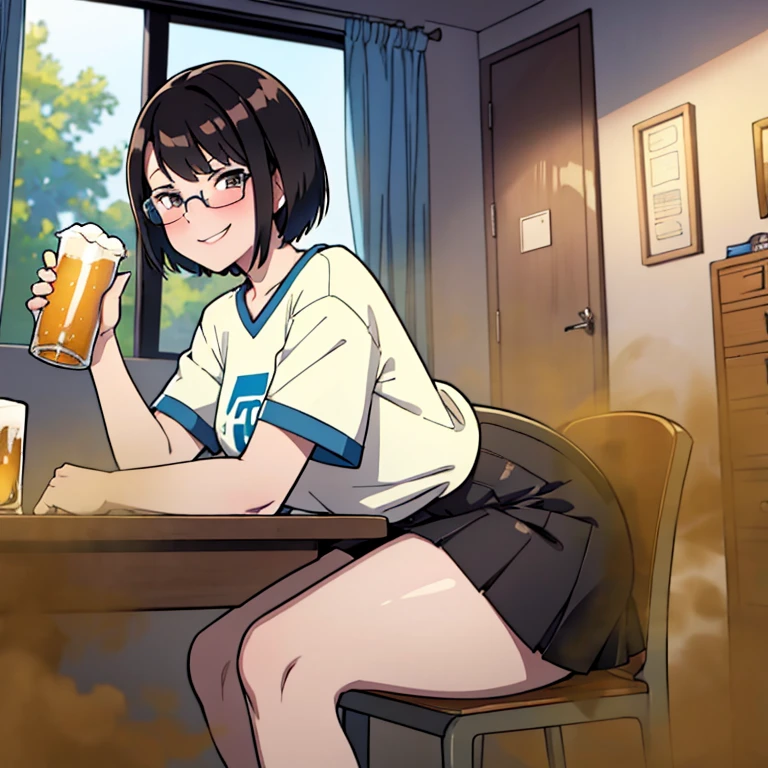 solo,1girl, black hair , brown eyes, hair bang, short hair, pale skin, glasses, skinny body, oversized white tshirt, short skirt, beer in hand, drinking beer, massive fart, farting, sitting on chair, leaning, blush, view from beneath, relieved face, smiling, mischievous smile, alone in room, blue lights