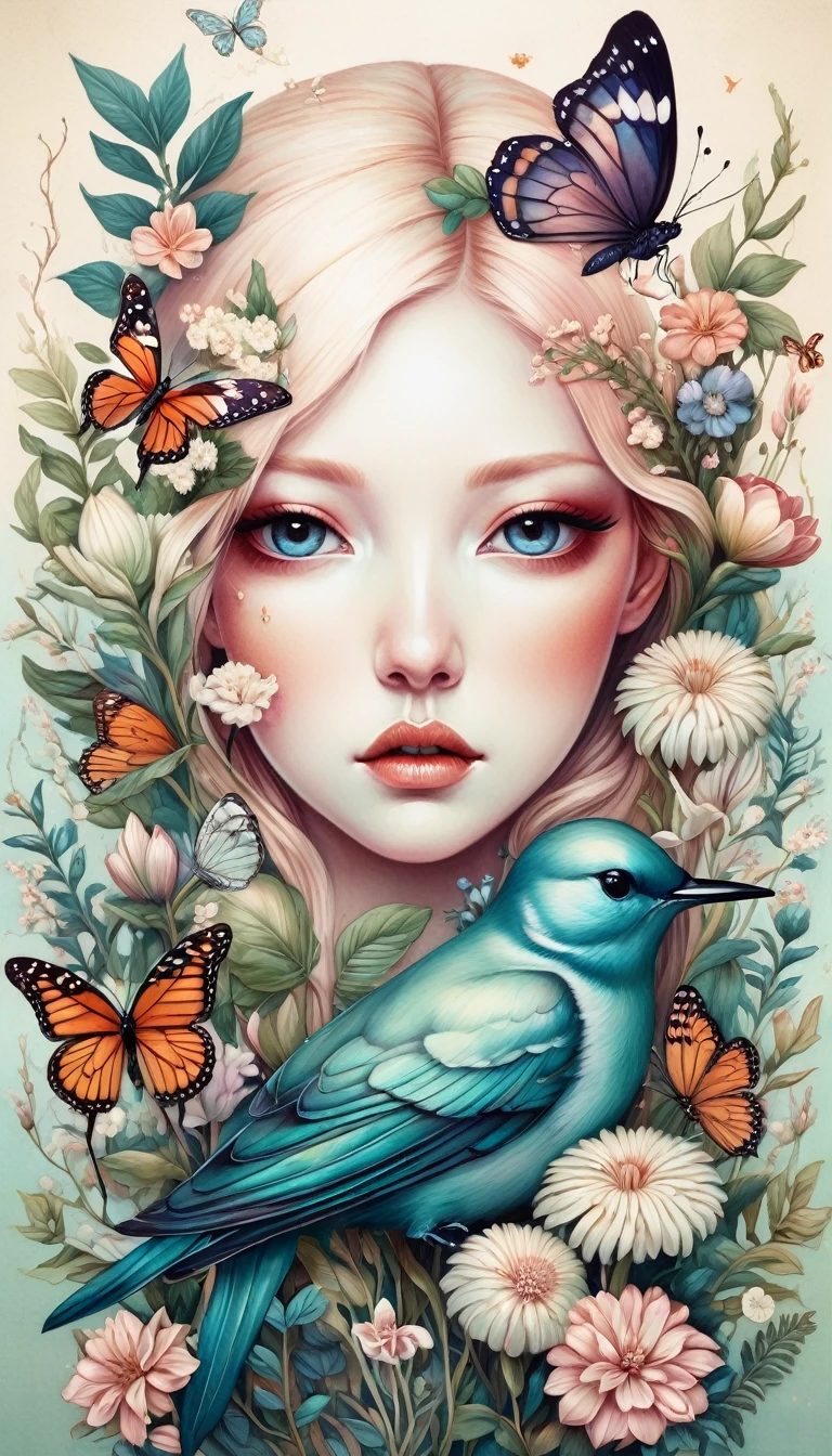 illustration:Inspired by Marco Mazzoni,Bird on portrait、erfly、Plants and flowers。