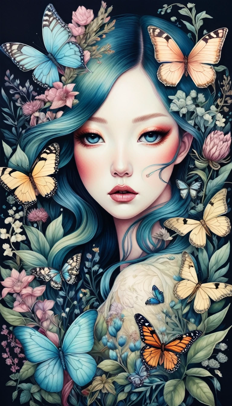 illustration：Inspired by Marco Mazzoni,Bird on portrait、Butterfly、Plants and flowers。