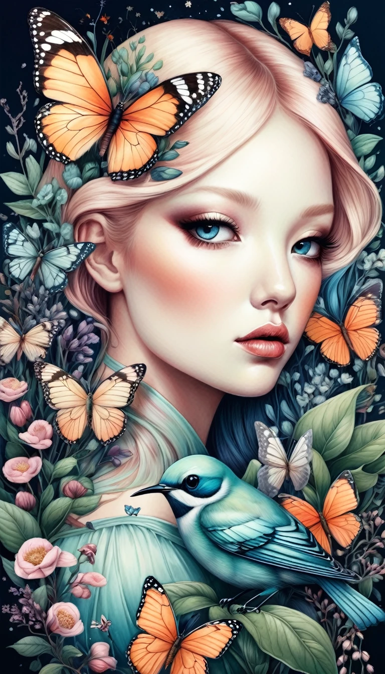 illustration:Inspired by Marco Mazzoni,Bird on portrait、Butterfly、Plants and flowers。