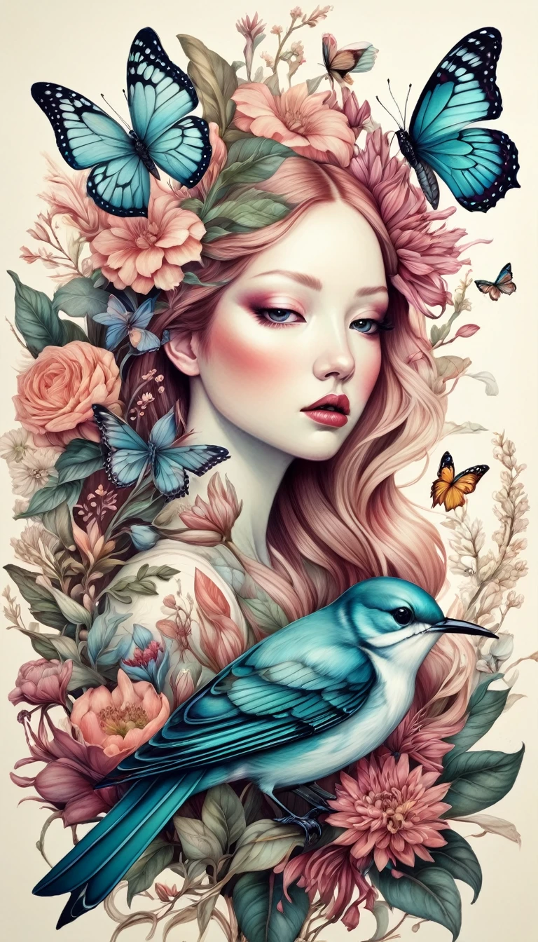 illustration:Inspired by Marco Mazzoni,Bird on portrait、Butterfly、Plants and flowers。