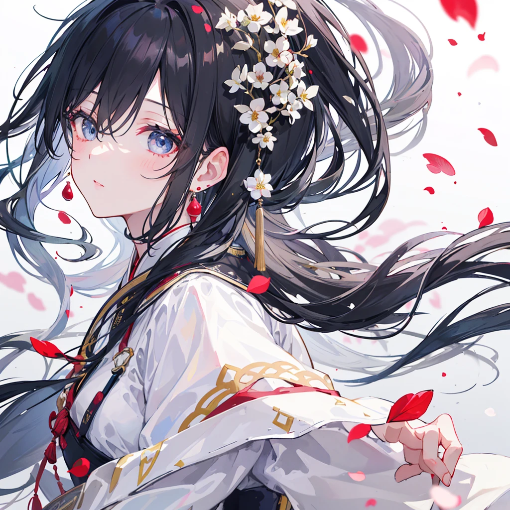 One Girl, Mature Girls , Black Hair, Floating Hair, Sensitive and intelligent eyes, Hanfu with intricate damask patterns, Gorgeous Accessories, Wear pearl earrings, Fob, 1 1 1.8, masterpiece, Complex Scenes, Petals fluttering, Frontal portrait shot, Chang'e 2