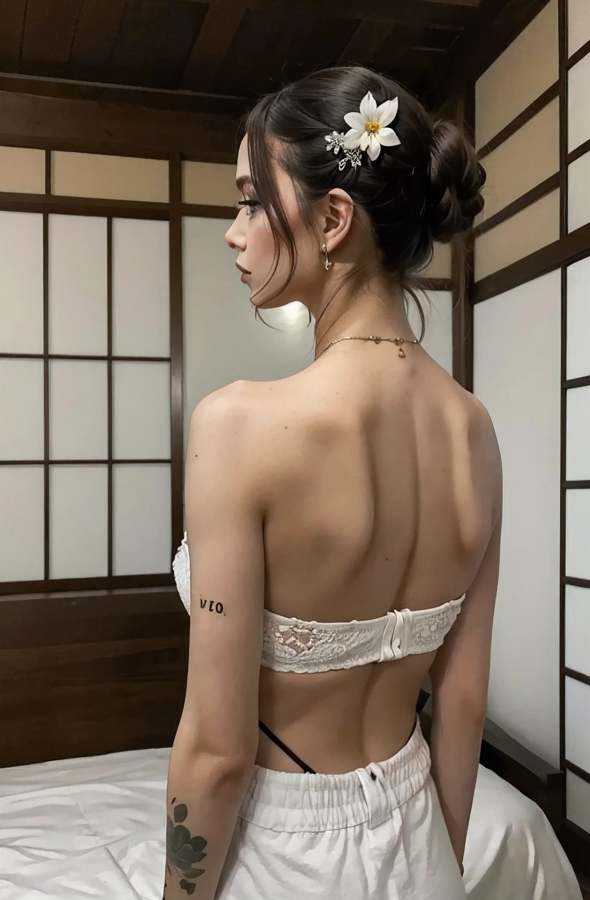 (Masterpiece, Superior quality, Best Quality, Official Art, beautiful and aesthetic:1.2),1 girl, tattoo, Alone, japanese clothes, hair ornament, unfaulting, by rubio, fault, back tattoo, Blue eyes, off the shoulder, bare shoulders, looking back, from behind, flower, looking at the viewer, tenure, make up,
interior,