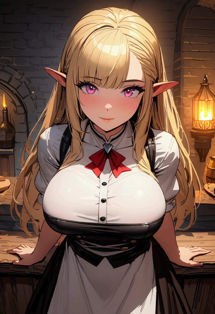 a beautiful anime blonde woman, incredibly tight waitress uniform, clothes are constricting her large breasts, thin waist, working in a medieval tavern, (dungeons and dragons style, middle earth setting, baldurs gate inspired, rpg atmosphere), (best quality, 4k, 8k, highres, masterpiece:1.2), ultra-detailed, anime c:1.37, HDR, UHD, studio lighting, ultra-fine painting, sharp focus, physically-based rendering, extreme detail description, professional, vivid colors, bokeh, portrait