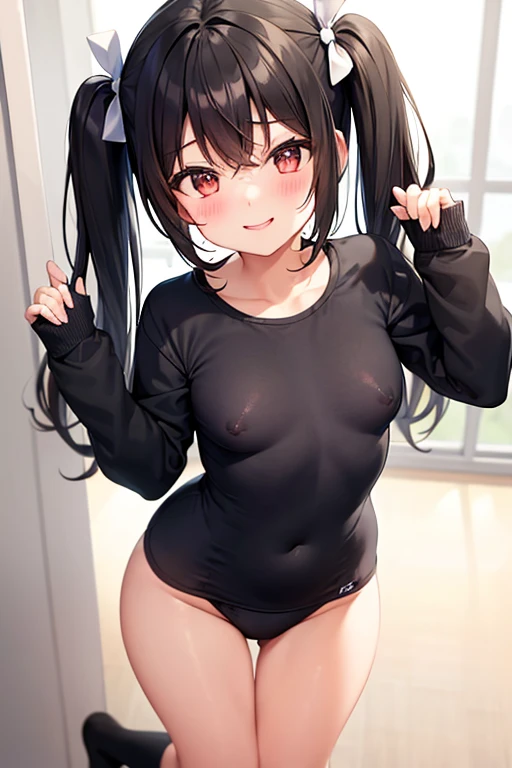 cute, girl,  high school student, black hair, twin tails, school swimsuit, white socks, small bust, blush, smile, see-nipples