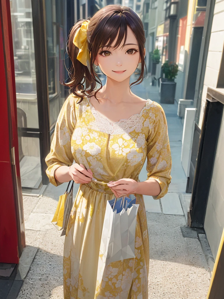 (Highest quality、8k、32K、masterpiece)、(Realistic)、(Realistic:1.2)、(High resolution)、Very detailed、Very beautiful face and eyes、(((Women's Solo Shot)))、Tight waist、(Highest quality、Attention to detail、Rich skin detail)、(Highest quality、8k、Oil paints:1.2)、(Realistic、Realistic:1.37)、Bright colors、(((Full Body Shot)))、(((Bob Hair)))、(((Medium Hair)))、(((Side Ponytail)))、(((smile)))、(((Brown Hair)))、(((Floral dress)))、(((White and yellow dress)))、(((City streets)))、(((Do some shopping)))、((I'm stroking my chin))
