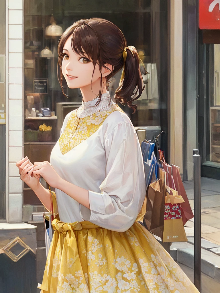 (Highest quality、8k、32K、masterpiece)、(Realistic)、(Realistic:1.2)、(High resolution)、Very detailed、Very beautiful face and eyes、(((Women's Solo Shot)))、Tight waist、(Highest quality、Attention to detail、Rich skin detail)、(Highest quality、8k、Oil paints:1.2)、(Realistic、Realistic:1.37)、Bright colors、(((Full Body Shot)))、(((Bob Hair)))、(((Medium Hair)))、(((Side Ponytail)))、(((smile)))、(((Brown Hair)))、(((Floral dress)))、(((White and yellow dress)))、(((City streets)))、(((Do some shopping)))、((I&#39;m stroking my chin))
