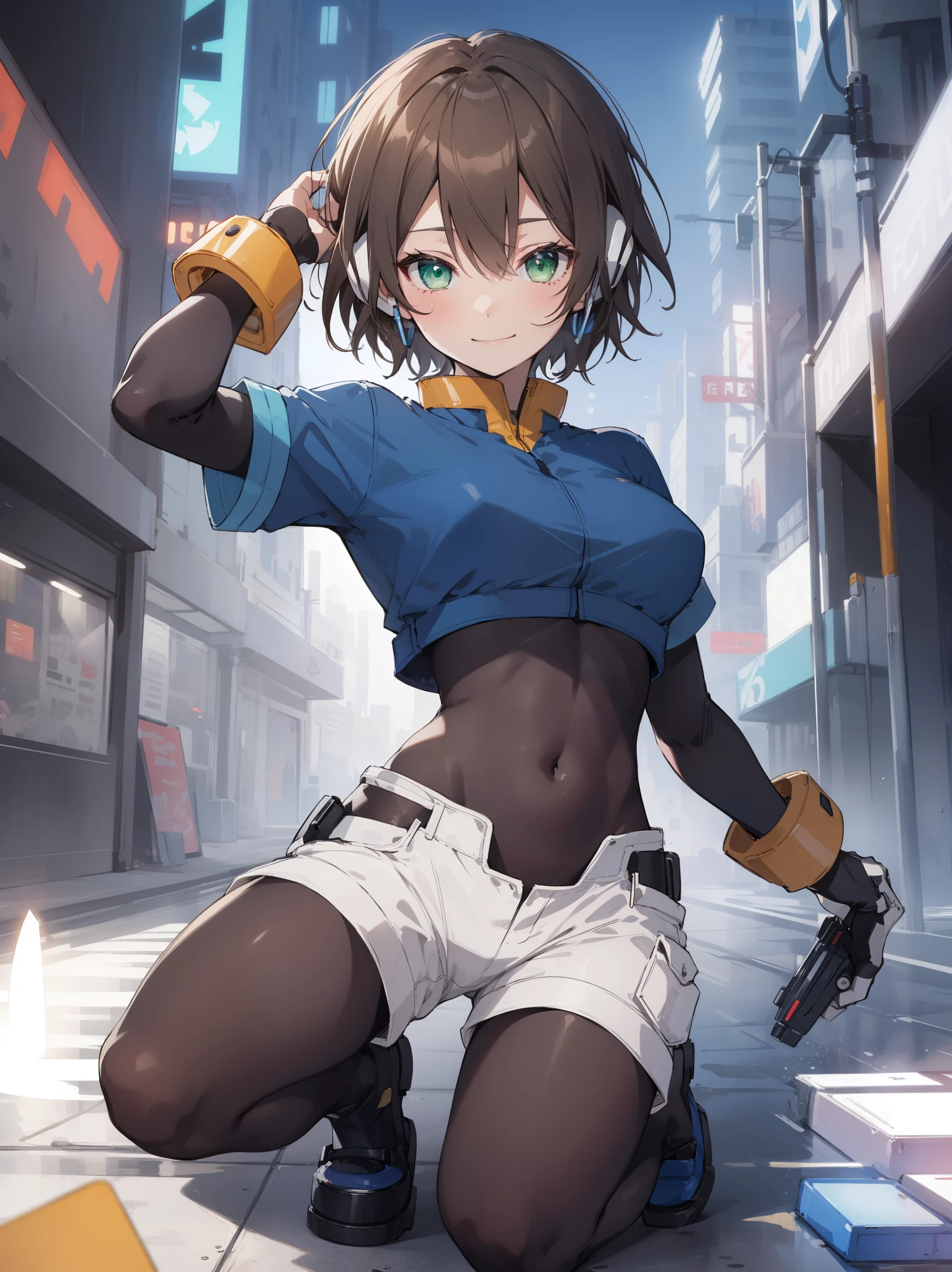 aile_megamanzx, kneeling with one hand on the ground and the other arm raised, 1girl, solo, short hair, brown hair, short sleeves, (bodysuit), robot ears, green eyes, very_short_shorts, short sleeves, short over long sleeves, smile, in futuristic city, , high quality, medium_,crotch, slouch,groin
