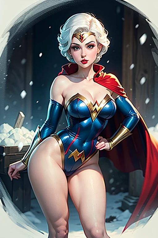 a cartoon of a woman dressed as a superhero with a red cape, snow white as a d & d fighter, pale snow white skin, snow white, comic pinup style, super, portrait of snow white, she has pale blue skin!!!, betty boop, pinup, wonder woman, pinup art, super-hero girl, pinup body, inspired by Bruce Timm
