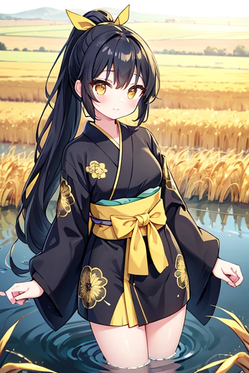 A girl in a kimono with a happy appearance stands waist-deep in water in a wheat field, a black kimono with gold edges, her hair is tied in a ponytail, yellow eyes,