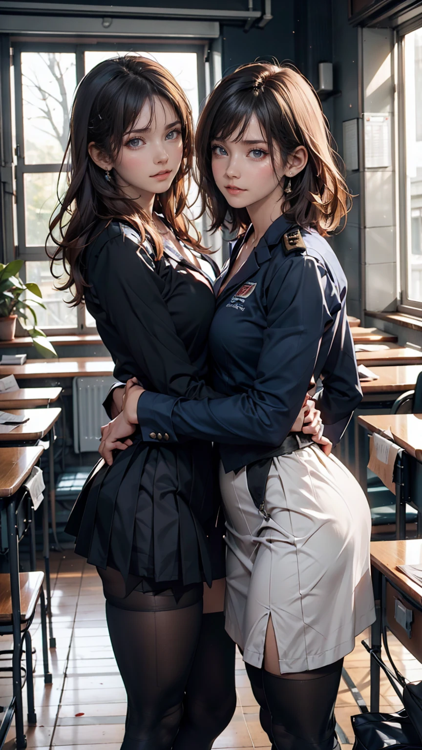 Love Student, Two female students in uniform, Lesbian couple, Tall and thin, beautiful, Alumni, Classmate