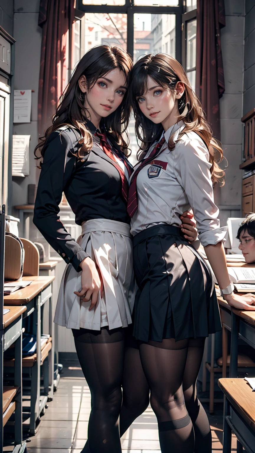 Love Student, Two female students in uniform, Lesbian couple, Tall and thin, beautiful, Alumni, Classmate