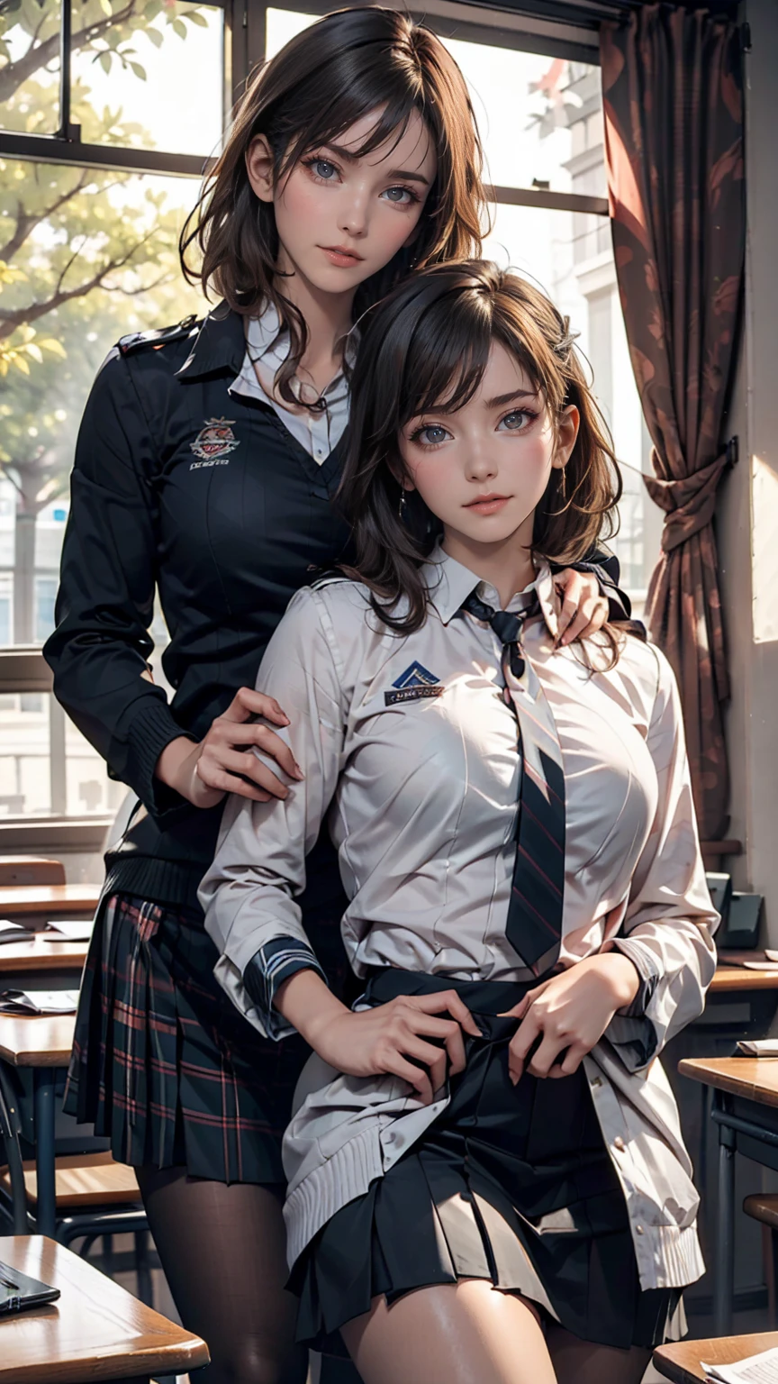 Love Student, Two female students in uniform, Lesbian couple, Tall and thin, beautiful, Alumni, Classmate