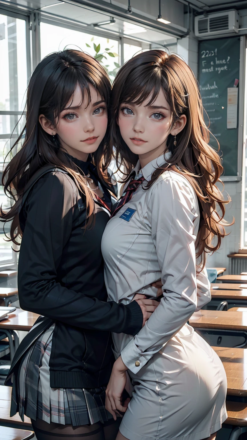 Love Student, Two female students in uniform, Lesbian couple, Tall and thin, beautiful, Alumni, Classmate