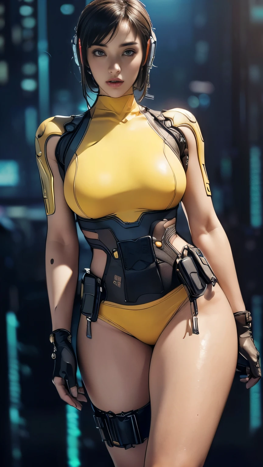 (A woman),(((A female special forces member stands))),((Yellow tactical High leg bodysuit:1.5)),((earphone:1.5)),((Tactical Holster:1.5)),(Gloves:1.5),(Serious:1.5),(Super short hair:1.5),(bionde:1.5),(beautiful eyes:1.3),(Very detailedな顔:1.5),((Very detailed drawing of a female hand:1.5)),((muscular:1.5)),(Sexy appearance:1.5),((Thick thighs:1.5)),(Beautiful Body:1.5),((Very sensual:1.5)),(The backdrop is a futuristic city:1.5),(Cyberpunk atmosphere:1.5),(((Blurred Background:1.5))),(Written border depth:1.5),rest(((masterpiece:1.5),(best quality:1.5),(Very detailed:1.5),(high resolution:1.5),(Practical:1.5),(Practical:1.5),(Delicate depiction),(Carefully drawn))),8k,wallpaper