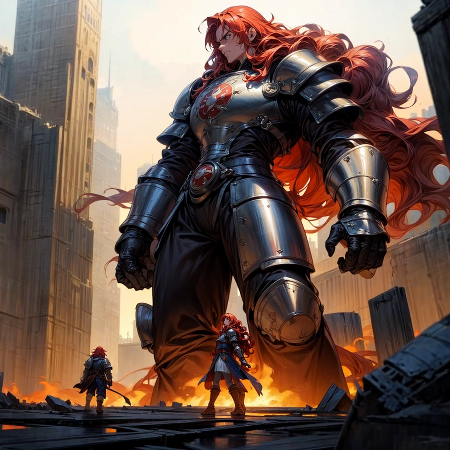 view of the royal city with a giant in the middle, giant in the middle of the city, destroyed city, fire city, The giant had long curly red hair, was wearing iron armor and boots, Very angry giant, very tall, 100 feet tall, full body version Giant, (one piece style art), ultra detailed, hd, motion blur, lighting