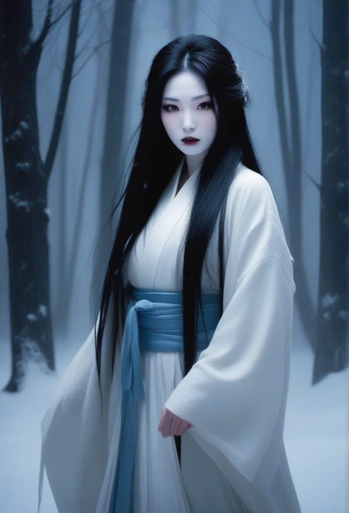 A terrifying and eerie depiction of Yuki-Onna, the Snow Woman from Japanese folklore. She stands in a dark, snow-covered forest at night. Her long, flowing black hair blends into the shadows, and her pale skin contrasts sharply with the surrounding darkness. Her icy blue lips and glowing, ghostly eyes pierce through the night. She wears a tattered white kimono that floats around her, adding to her ethereal and menacing presence. The bare, frosted trees around her creak in the cold wind, and a faint, haunting glow from the moon casts ominous shadows. Her cold and sinister expression sends shivers down the spine of anyone who dares to look at her.