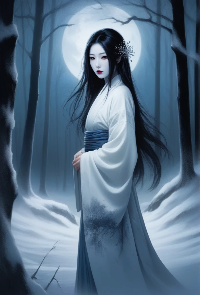 A terrifying and eerie depiction of Yuki-Onna, the Snow Woman from Japanese folklore. She stands in a dark, snow-covered forest at night. Her long, flowing black hair blends into the shadows, and her pale skin contrasts sharply with the surrounding darkness. Her icy blue lips and glowing, ghostly eyes pierce through the night. She wears a tattered white kimono that floats around her, adding to her ethereal and menacing presence. The bare, frosted trees around her creak in the cold wind, and a faint, haunting glow from the moon casts ominous shadows. Her cold and sinister expression sends shivers down the spine of anyone who dares to look at her.