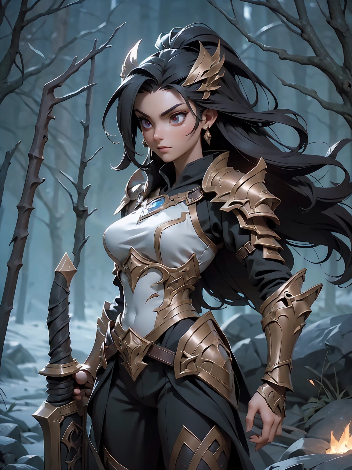 (((masterpiece, best quality, high detailed, 8k))) A breathtakingly beautiful warrior with long, flowing black hair and intense red eyes, wearing a magnificent black dragon armor. The armor is intricately detailed, featuring a dragon's head on one shoulder pauldron, scales, and claw motifs throughout. She wields a highly detailed, flaming sword. The scene is set in a cinematic fantasy environment with dramatic lighting. The atmosphere is filled with a mystical haze, illuminated by the glow of the flaming sword and ambient light reflecting off the armor's details. The ground is reflective, creating a mirrored effect that adds to the surreal, otherworldly ambiance. The background features ancient ruins partially engulfed in shadows, enhancing the sense of epic fantasy. Every element, from the warrior's armor to the environment, is rendered with extreme image quality and attention to detail.