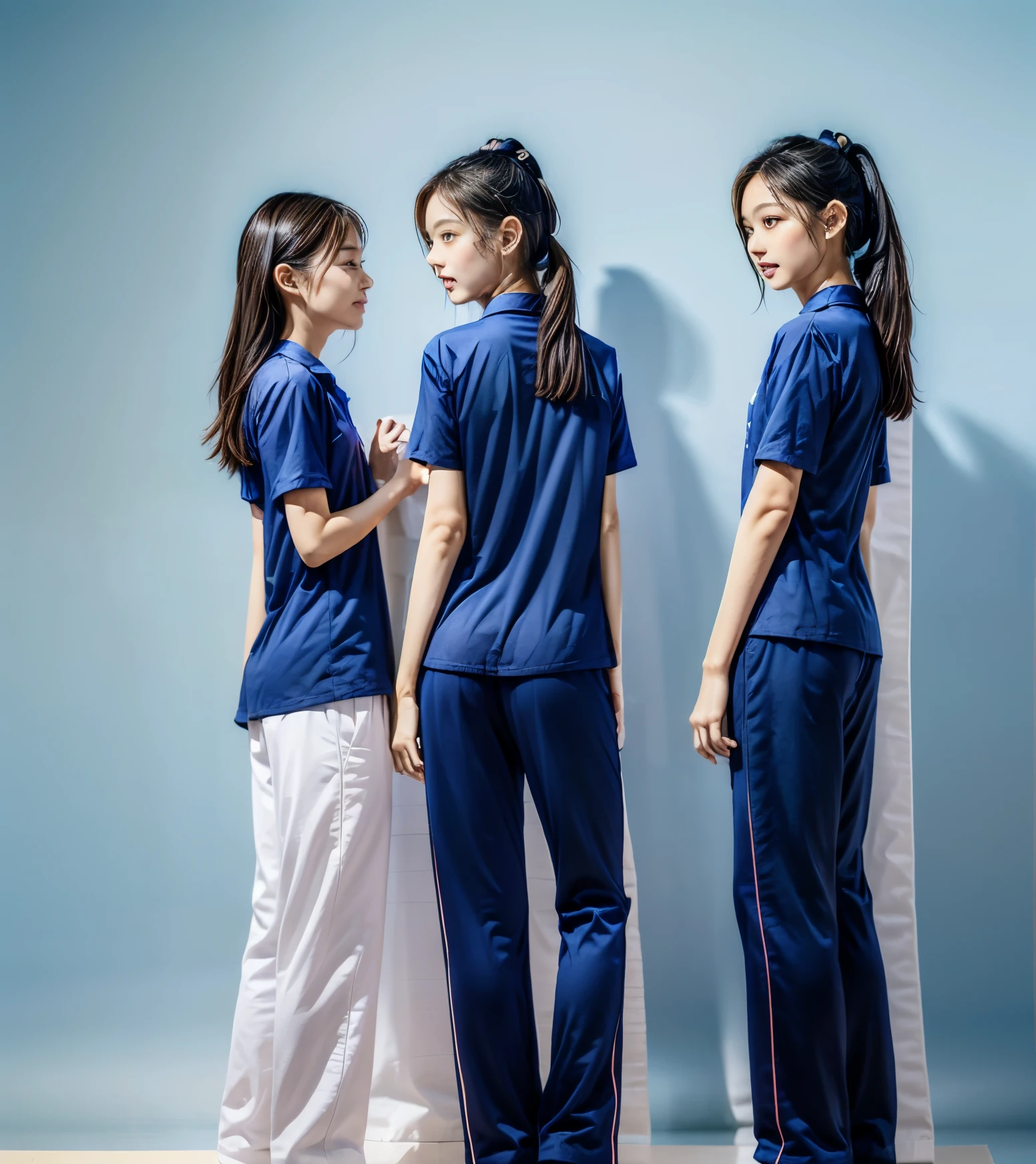 (best quality,10,10,height,Masterpiece:1.2),Special details,(realistic,ภาพrealistic,Realistic photos:1.37),1 Cute girl in the kitchen,shiny, ผิวshiny,only,smile softly,BDclothelue shirt:1.3)),short sleeve,shirt, กางเกงขาlong.,(navy_long_track pants:1.1), ((Kitchen Background)),Dynamic angle,excited,Face focus,dynamic poses,from behind,focus on ass,Masterpiece, best quality, ultra realistic, hyper detail, 8k resolution, raw photos, Sharp focus, ((Navy blue shirt:1.1)), short sleeve, เส้นทางlong, perfect body, 2 mature women, 18 years old, Cinema-grade lighting system,blue sweatpants,shirtผ้าออกกำลังกาย,correct anatomy,perfect body, correct body, Sharp face, correct bodyทางกายวิภาค, full body, realistic gestures, long-haired, realistic poses,Wear long shorts...........................,ช่วงขาlong,Good shape,carved girl, Slender figure, model, Good shape, beautiful body,blue sweatpants, two girls kissing