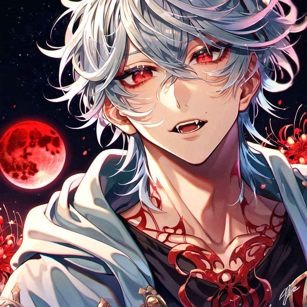 absurdres, highres, ultra detailed, HDR, master piece, best quality, extremely detailed, Kuro, light-blue hair, messy hair, expressive red eyes, Servamp, solo, sexy man, handsome, sensual, fangs, light blue hooded coat, black shirt, fantasy, red blood water, sparkling, red glittering fireflies, red moon, red blossoms, red spider lilies, red sparkling lights, starry sky, magical