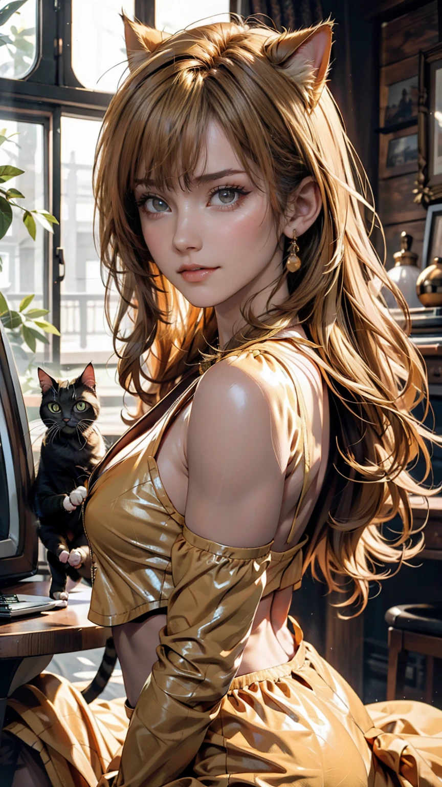 Detailed face and skin texture, Beautiful woman, Blonde middlehair, cat suit