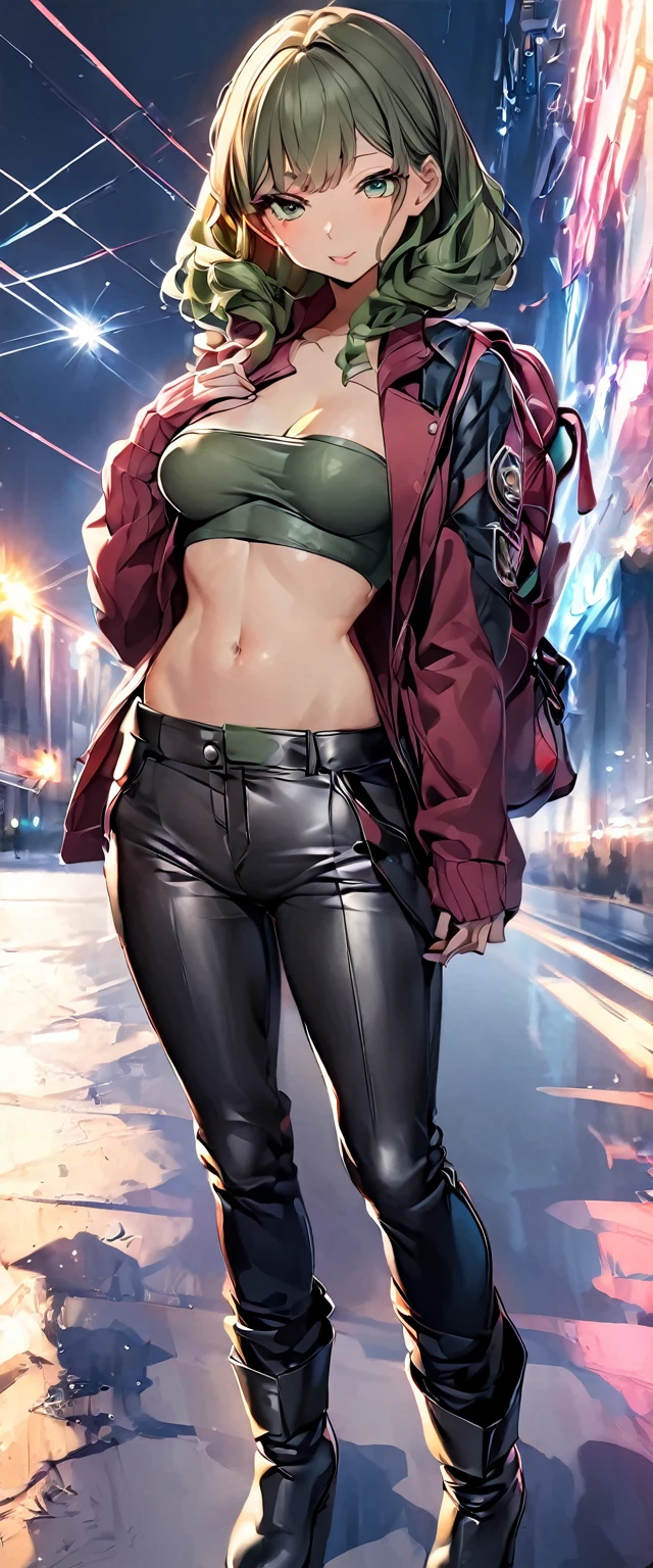 Woman wearing a black leather tube top with jacket and some black leather pants with boots. The jacket is open revealing her top, stomach, waist and her chest. She holds a rifle and has green tubes that go from her backpack to her wrists.