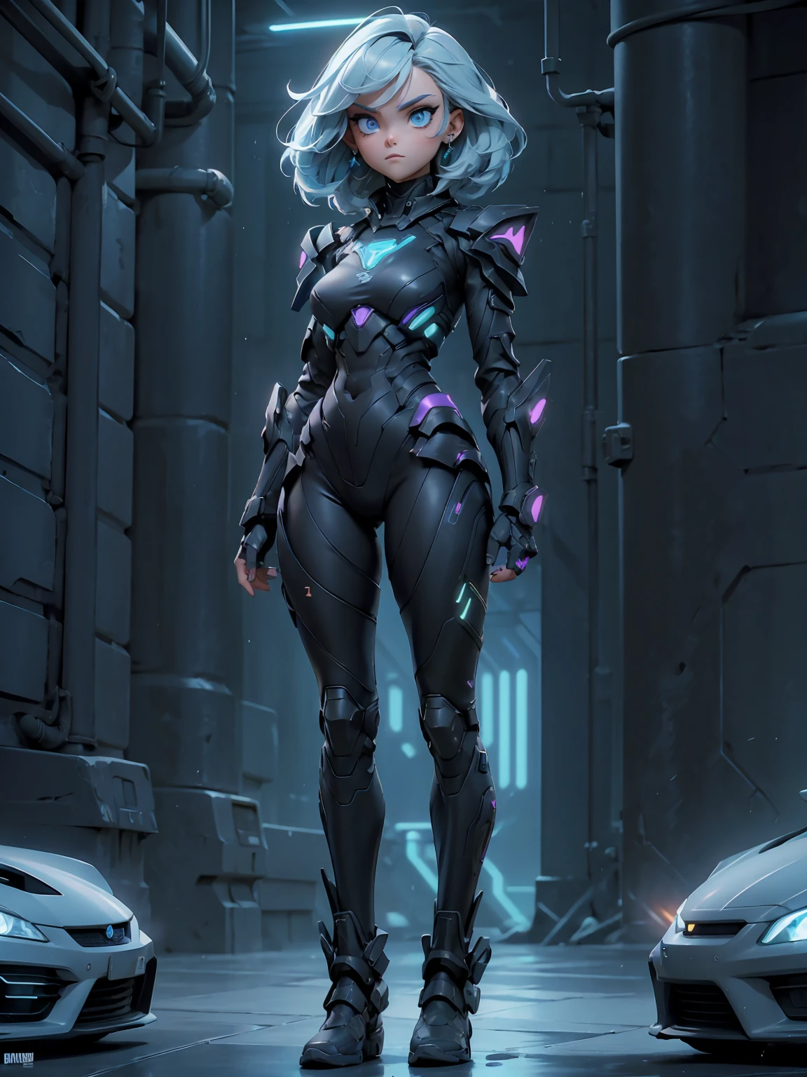 ((full body shot)) of a girl in sleek, futuristic black armor with glowing blue accents, standing in a neon-lit, dystopian cityscape. She has short, silver hair and cybernetic implants that glow with a faint blue light. Her eyes are a piercing, luminescent blue, and she has various high-tech gadgets attached to her armor. She holds a pair of advanced, energy-based daggers. The atmosphere is {tense|futuristic}, with neon signs and holograms casting vibrant colors across the scene. The ground beneath her is metallic and reflective, covered in a thin layer of rainwater that enhances the neon ambiance. Surrounding her are futuristic vehicles and towering skyscrapers in shades of {blue|purple}, casting a high-tech, dystopian glow. The background features dark alleyways and massive billboards, hinting at a bustling, cyberpunk metropolis. The scene is intense and action-packed, with her face showing a determined yet emotionless expression, her eyes focused intently on her target.

[Best quality], [Masterpiece], [Ultra-detailed], [4k], {tense|futuristic} atmosphere, dystopian cityscape, {dynamic pose|stealthy pose}, neon illumination, {soft shadows|neon lighting}, {reflected light on wet ground:0.7}, {holograms:0.6}, {futuristic vehicles:0.5}, {towering skyscrapers:0.4}, {dark alleyways:0.3}.