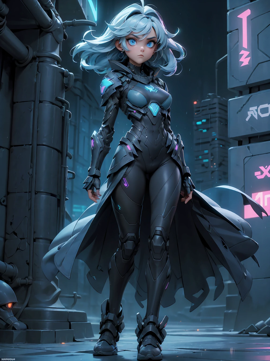 ((full body shot)) of a girl in sleek, futuristic black armor with glowing blue accents, standing in a neon-lit, dystopian cityscape. She has short, silver hair and cybernetic implants that glow with a faint blue light. Her eyes are a piercing, luminescent blue, and she has various high-tech gadgets attached to her armor. She holds a pair of advanced, energy-based daggers. The atmosphere is {tense|futuristic}, with neon signs and holograms casting vibrant colors across the scene. The ground beneath her is metallic and reflective, covered in a thin layer of rainwater that enhances the neon ambiance. Surrounding her are futuristic vehicles and towering skyscrapers in shades of {blue|purple}, casting a high-tech, dystopian glow. The background features dark alleyways and massive billboards, hinting at a bustling, cyberpunk metropolis. The scene is intense and action-packed, with her face showing a determined yet emotionless expression, her eyes focused intently on her target.

[Best quality], [Masterpiece], [Ultra-detailed], [4k], {tense|futuristic} atmosphere, dystopian cityscape, {dynamic pose|stealthy pose}, neon illumination, {soft shadows|neon lighting}, {reflected light on wet ground:0.7}, {holograms:0.6}, {futuristic vehicles:0.5}, {towering skyscrapers:0.4}, {dark alleyways:0.3}.