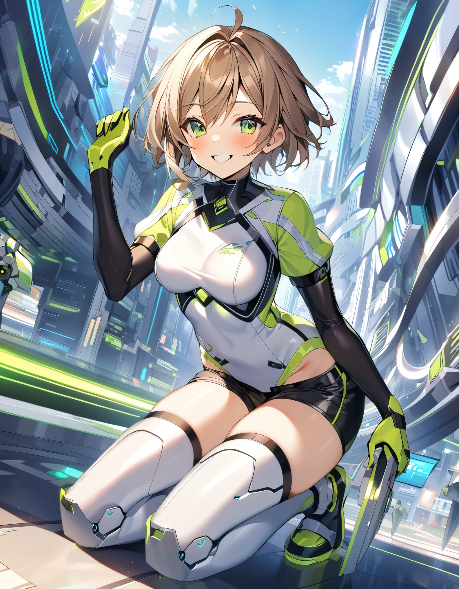 aile_megamanzx, kneeling with one hand on the ground and the other arm raised, 1girl, solo, short hair, brown hair, short sleeves, (bodysuit), robot ears, green eyes, (very_short_shorts:1.3), short sleeves, short over long sleeves, smile, in futuristic city, , high quality, medium_breasts,crotch, slouch,groin,dynamic_angle