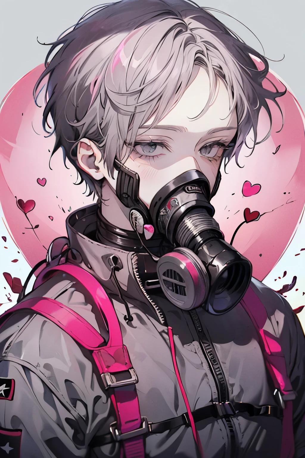 Beautiful young man, pinkpurple-haired, ((Gray eyes)),(short wave hair:1.2), (gas mask:1.2),((dealer costume:1.2)),clear wear,High quality, amount of drawing, pixiv illustration,(heart:1.2),close-up Face,red-cheek.