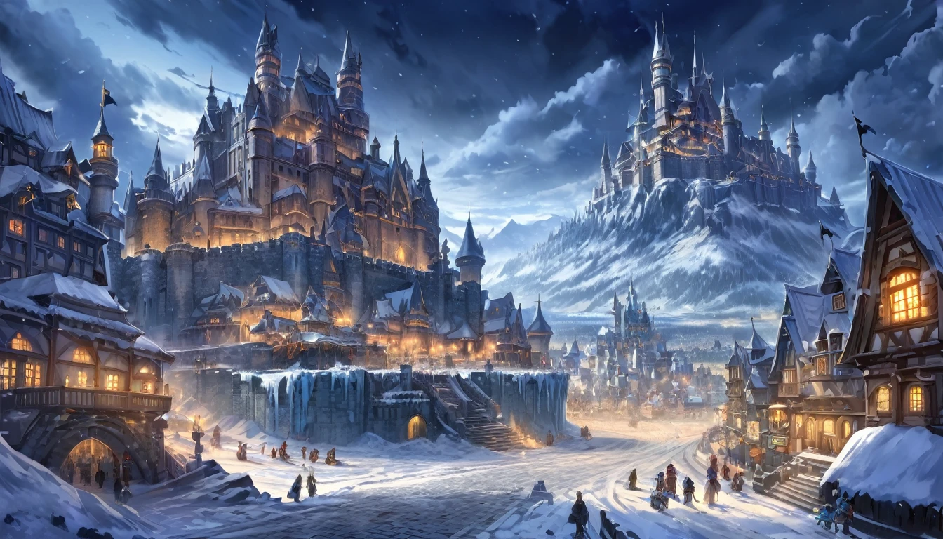 Anime, overview, fantasy anime world, the giant castle sat in the middle of the ginormous kingdom., Large kingdom in a frozen country, castle in the middle, bustling fantasy streets, Landscape, HDR, High Detailed, dark, blizzard, scary, nighttime, dark,