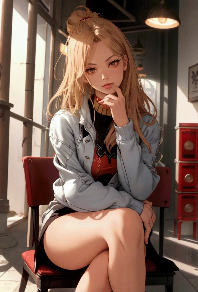 The image shows of a crimson model posing sensually. The model is wearing a denim jacket and has a seductive expression while looking towards the camera, with one hand near her mouth, touching her lips and the other on her knee. In the top right corner, there is the spiral logo. At the bottom, the text "Azula Uzumaki" is written in red. The image has a vintage and glamorous style, typical of GUESS advertising campaigns from the 1990s.