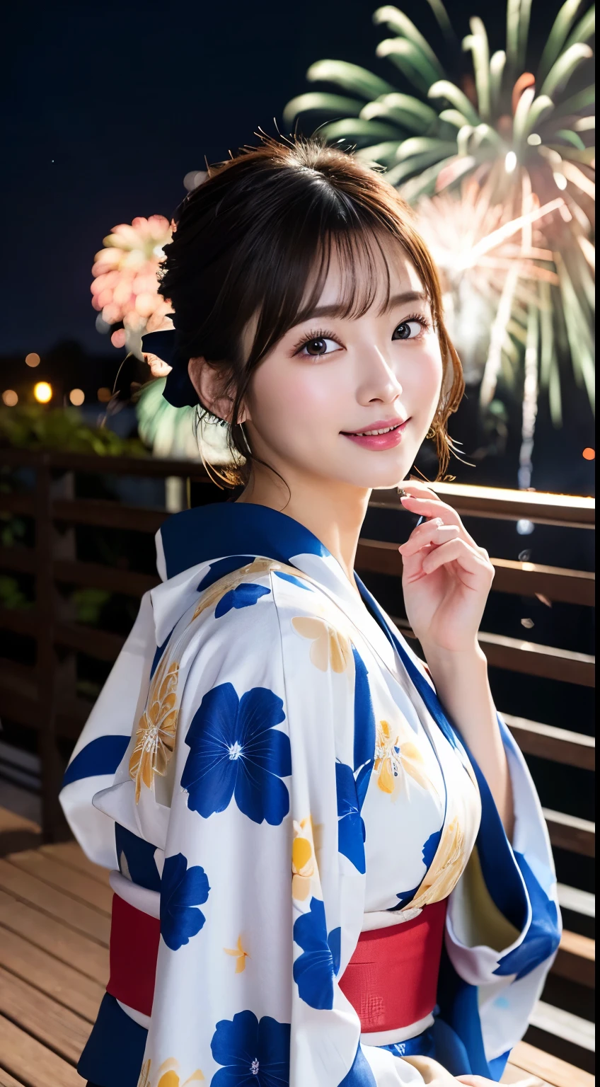 (8k、RAW Photosgraphy、Highest quality、masterpiece:1.2)、(Realistic、Realistic:1.37)、Ultra-high resolution、One Girl、cute、alone、night、Sitting、date、(Nose redness)、(Laughter:1.1)、(Closed)、Huge 、Beautiful Eyes、(short hair:1.2)、(((Fireworks bursting into the sky、night)))、(((kimono、yukata)))、Cleavage、Perfect body、Perfect Fingers、Professional Lighting、Japanese Goddess、gravure、Detailed face and skin texture、Detailed eyes、RAW Photos