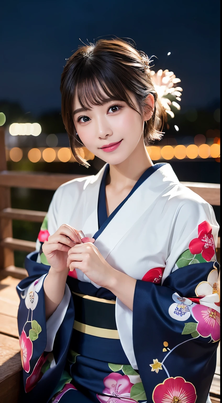 (8k、RAW Photosgraphy、Highest quality、masterpiece:1.2)、(Realistic、Realistic:1.37)、Ultra-high resolution、One Girl、cute、alone、night、Sitting、date、(Nose redness)、(Laughter:1.1)、(Closed)、Huge 、Beautiful Eyes、(short hair:1.2)、(((Fireworks bursting into the sky、night)))、(((kimono、yukata)))、Cleavage、Perfect body、Perfect Fingers、Professional Lighting、Japanese Goddess、gravure、Detailed face and skin texture、Detailed eyes、RAW Photos