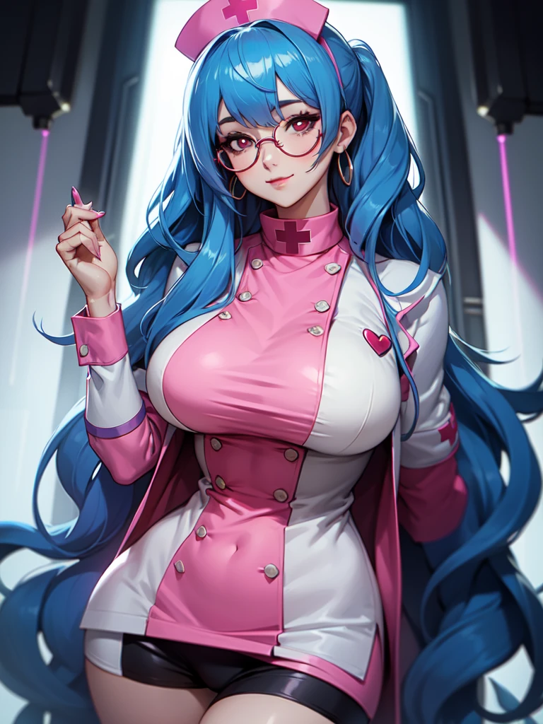 (((Portrait Photo))), She has the Appearance of a Caring and Professional Young Nurse, with a Voluptuous Figure that Radiates Kindness and Competence. Her Long, Wavy Blue Hair is Elegantly Styled, Falling Gracefully Over Her Shoulders and Framing Her Gentle Face. Her Large, Red Eyes, Enhanced by Glasses, Reflect a Deep Compassion and Warmth, Inviting Trust and Comfort. Her Expression is Soft and Understanding, with a Hint of a Smile that Conveys Reassurance and Dedication. (((Portrait Photo))), (((Dark Background))), (((Sexy Pink Nurse's Uniform Accentuates Her Curves))), (((Heart-shaped Pupils))), (((Long Wavy Blue Hair))), (((Circular Glasses)))