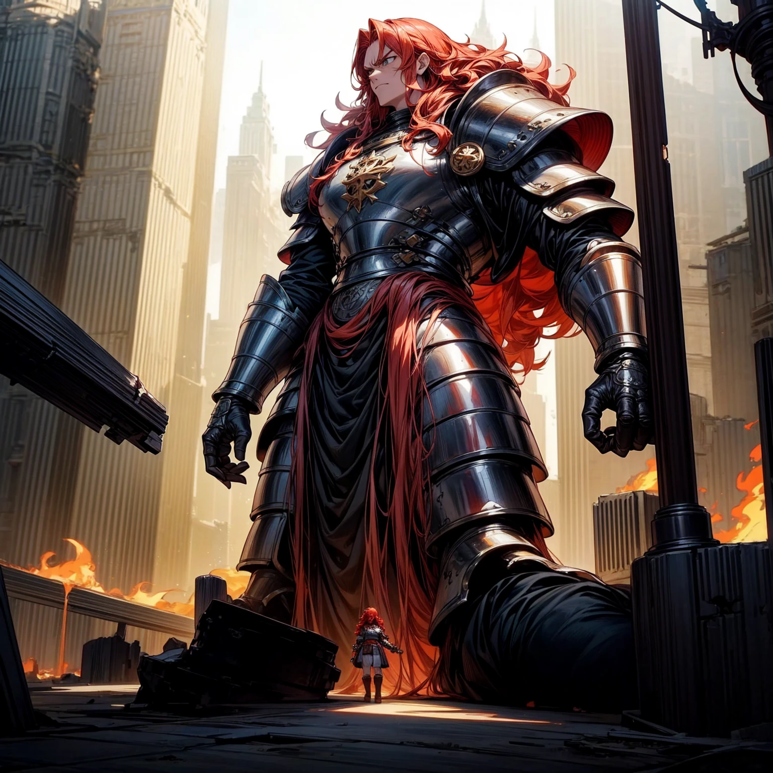 view of the royal city with a giant in the middle, giant in the middle of the city, destroyed city, fire city, The giant had long curly red hair, was wearing iron armor and boots, Very angry giant, very tall, 100 feet tall, full body version Giant, (one piece style art), ultra detailed, hd, motion blur, lighting 