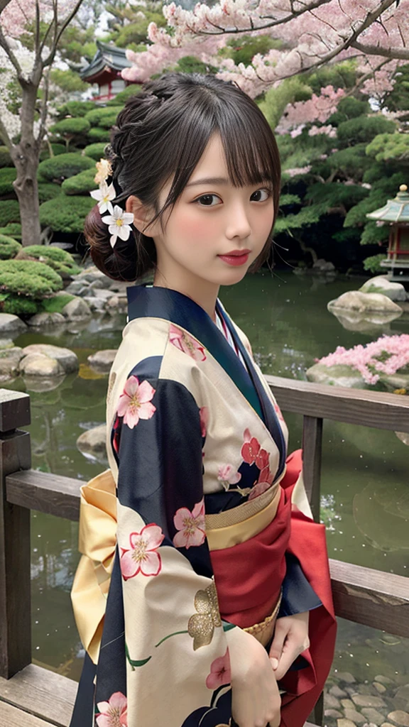 Create an image of a Japanese woman with traditional beauty. She has long black hair, styled in a classic updo, and is wearing a vibrant red kimono with intricate gold patterns. The background features a serene Japanese garden with cherry blossoms in full bloom.