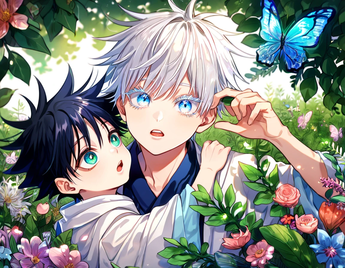 Ultra detailed, HDR, Highres, absurdres, master piece, Gojou Satoru as a kid, white hair with bangs, expressive blue eyes, white eyelashes, Fushiguro Megumi as a kid, black hair, expressive green eyes, white haori, light blue kimono, Jujutsu Kaisen, flowers, butterflies, fantasy, magical, green leaves, summer, two little kids together, gay couple, yaoi, cute