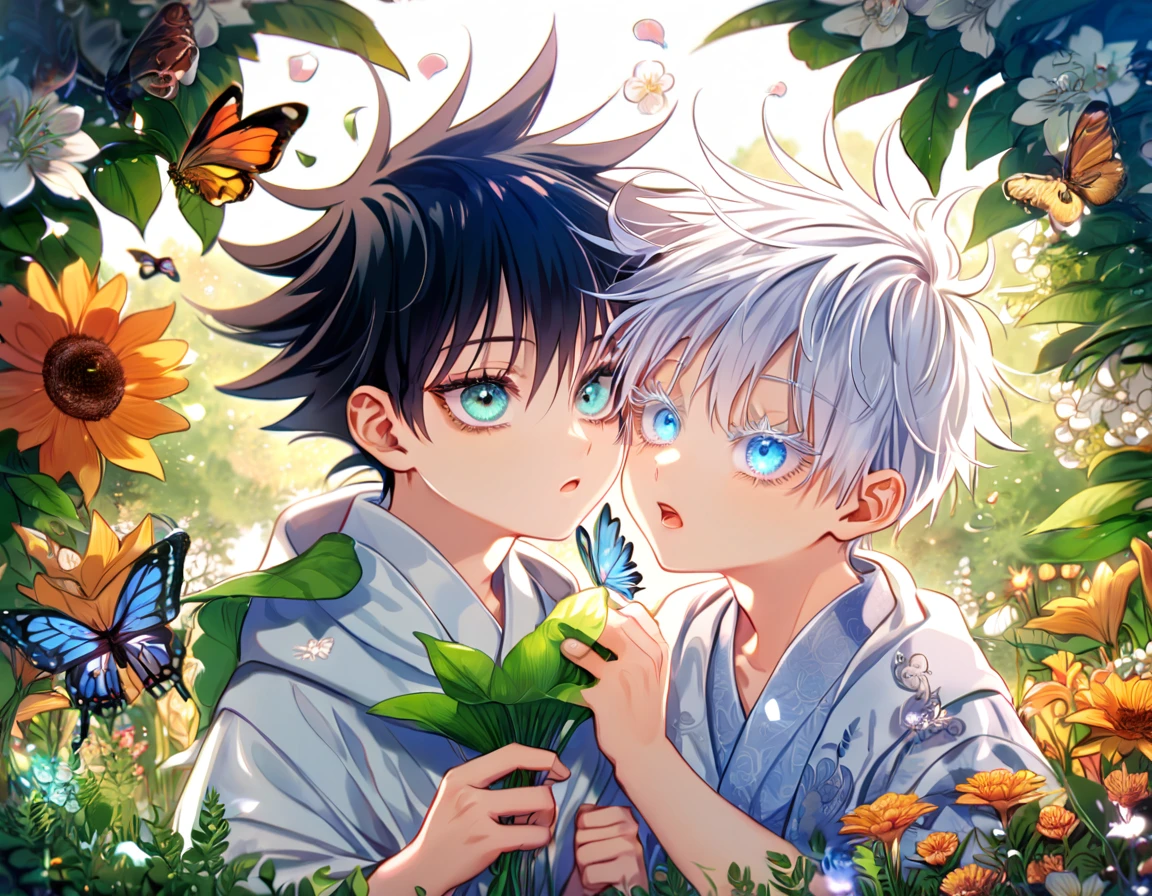 Ultra detailed, HDR, Highres, absurdres, master piece, Gojou Satoru as a ???, white hair with bangs, expressive blue eyes, white eyelashes, Fushiguro Megumi as a ???, black hair, expressive green eyes, white haori, light blue kimono, Jujutsu Kaisen, flowers, butterflies, fantasy, magical, green leaves, summer, two little kids together, gay couple, yaoi, cute