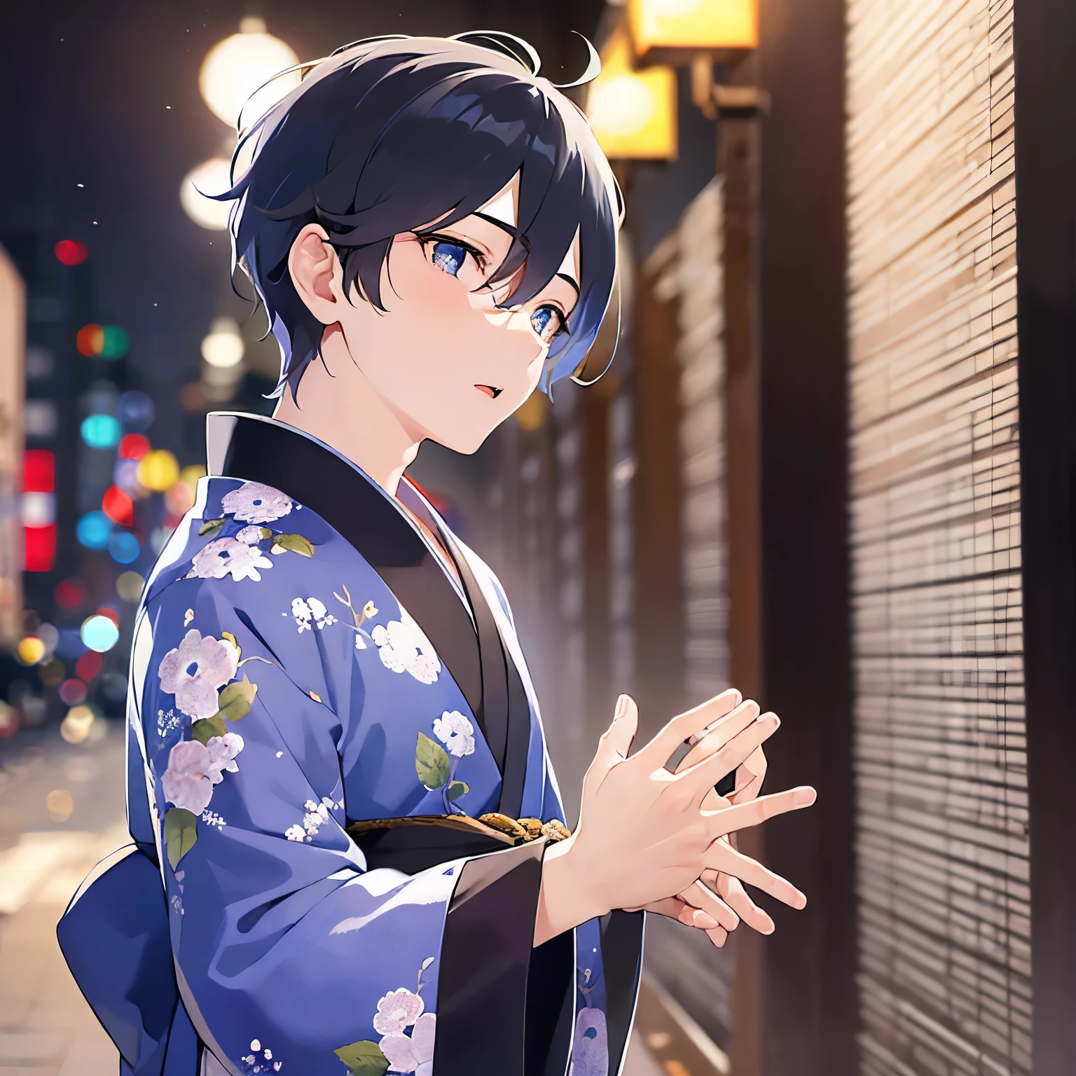 (25-year-old male:1.5) and(Black short hair) and (blue eyes), (looking away:1.5), upper body、(open hands:1.5), masterpiece、Highest quality、 (Blue) and (yukata),open mouth,blush,The background is a Japanese-style corridor at night